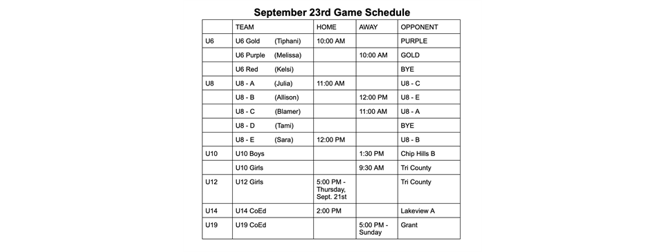 September 23rd Game Schedule